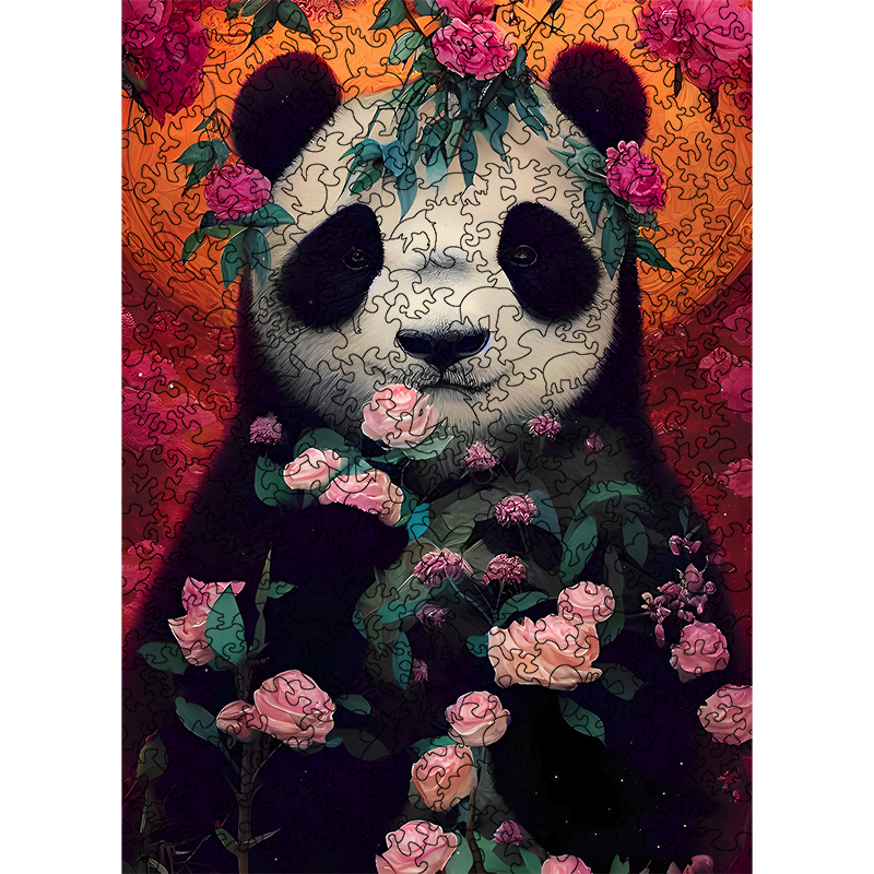 Charming Panda's Blossoming Rose Wooden Jigsaw Puzzle - aimpuzzle